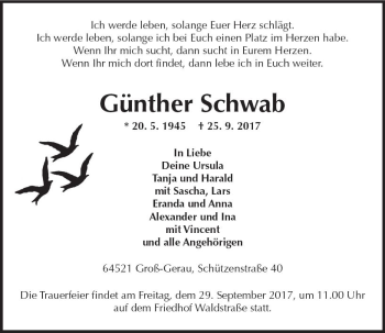 Traueranzeige von Günther Schwab von Trauerportal Echo Online