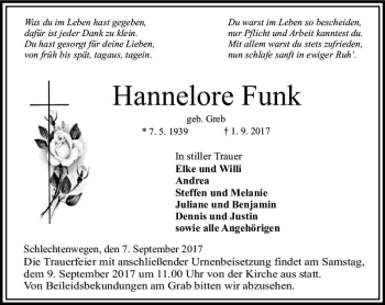 Traueranzeige von Hannelore Funk von VRM Trauer
