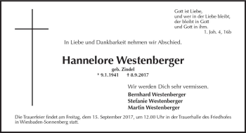 Traueranzeige von Hannelore Westenberger von Trauerportal Rhein Main Presse
