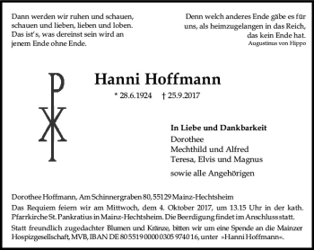Traueranzeige von Hanni Hoffmann von Trauerportal Rhein Main Presse