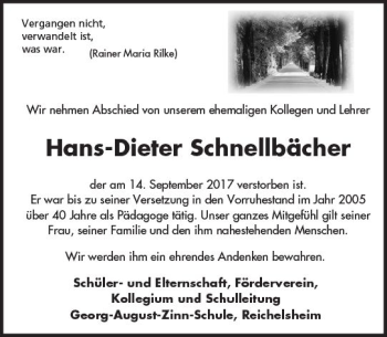 Traueranzeige von Hans-Dieter Schnellbächer von Trauerportal Echo Online