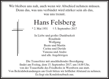 Traueranzeige von Hans Felsberg von  Usinger Anzeiger