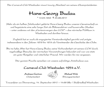 Traueranzeige von Hans-Georg Budau von Trauerportal Rhein Main Presse