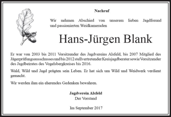 Traueranzeige von Hans-Jürgen Blank von VRM Trauer