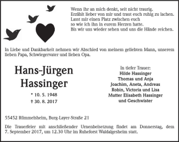 Traueranzeige von Hans-Jürgen Hassinger von Trauerportal Rhein Main Presse