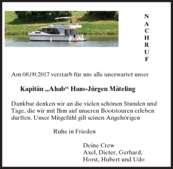 Traueranzeige von Hans-Jürgen Mäteling von Trauerportal Rhein Main Presse