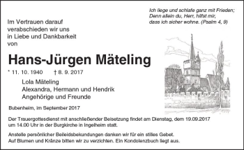 Traueranzeige von Hans-Jürgen Mäteling von Trauerportal Rhein Main Presse