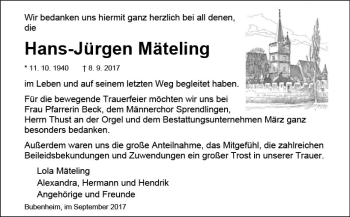 Traueranzeige von Hans-Jürgen Mäteling von Trauerportal Rhein Main Presse