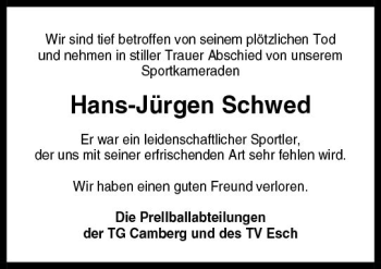 Traueranzeige von Hans-Jürgen Schwed von  Camberger Anzeiger
