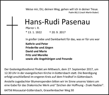 Traueranzeige von Hans-Rudi Pasenau von Trauerportal Echo Online