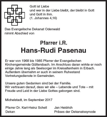 Traueranzeige von Hans-Rudi Pasenau von Trauerportal Echo Online