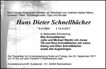 Traueranzeige von Hans Dieter Schnellbächer von Trauerportal Echo Online