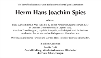 Traueranzeige von Hans Joachim Spies von  Kreisanzeiger