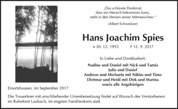 Traueranzeige von Hans Joachim Spies von  Kreisanzeiger