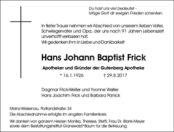 Traueranzeige von Hans Johann Baptist Frick von Trauerportal Rhein Main Presse