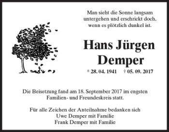 Traueranzeige von Hans Jürgen Demper von  Gießener Anzeiger