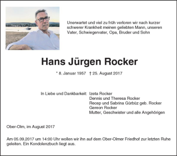 Traueranzeige von Hans Jürgen Rocker von Trauerportal Rhein Main Presse