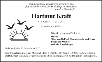 Traueranzeige von Hartmut Kraft von  Kreisanzeiger
