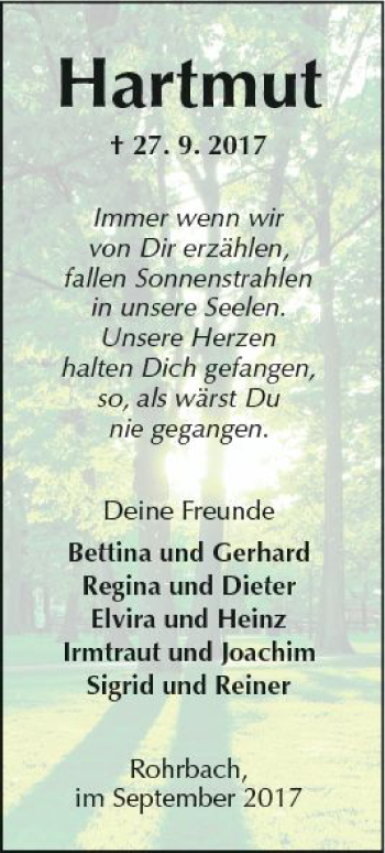 Traueranzeige von Hartmut Kraft von  Kreisanzeiger