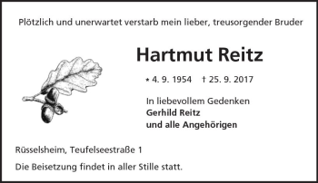 Traueranzeige von Hartmut Reitz von Trauerportal Rhein Main Presse