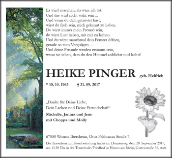 Traueranzeige von Heike Pinger von Trauerportal Rhein Main Presse
