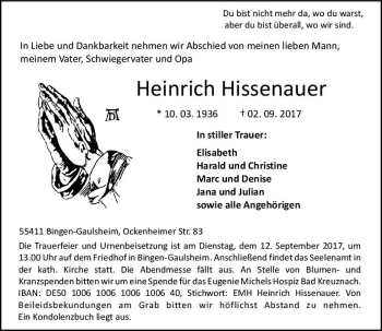 Traueranzeige von Heinrich Hissenauer von Trauerportal Rhein Main Presse