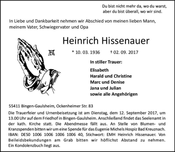 Traueranzeige von Heinrich Hissenauer von Trauerportal Rhein Main Presse