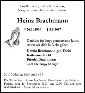 Traueranzeige von Heinz Brachmann von Trauerportal Rhein Main Presse