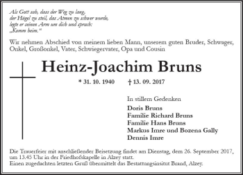 Traueranzeige von Heinz-Joachim Bruns von Trauerportal Rhein Main Presse