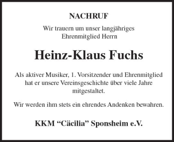 Traueranzeige von Heinz-Klaus Fuchs von Trauerportal Rhein Main Presse