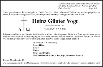Traueranzeige von Heinz Günter Vogt von Trauerportal Echo Online