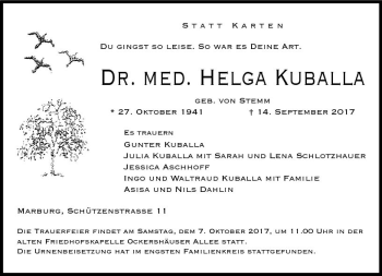 Traueranzeige von Helga Kuballa von  Gießener Anzeiger