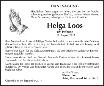 Traueranzeige von Helga Loos von Trauerportal Rhein Main Presse