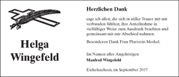 Traueranzeige von Helga Wingefeld von  Kreisanzeiger