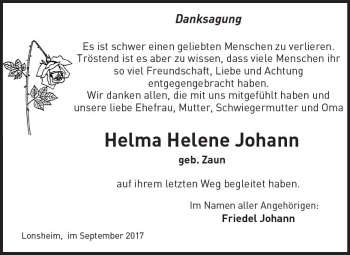 Traueranzeige von Helma Helene Johann von Trauerportal Rhein Main Presse