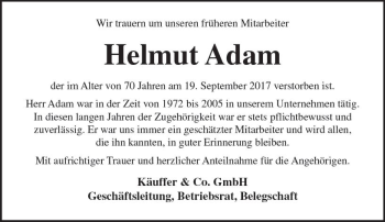 Traueranzeige von Helmut Adam von Trauerportal Rhein Main Presse
