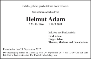 Traueranzeige von Helmut Adam von Trauerportal Rhein Main Presse