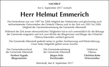 Traueranzeige von Helmut Emmerich von  Kreisanzeiger