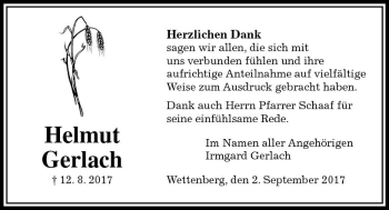 Traueranzeige von Helmut Gerlach von  Gießener Anzeiger