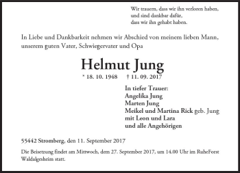 Traueranzeige von Helmut Jung von Trauerportal Rhein Main Presse