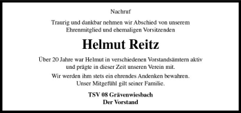 Traueranzeige von Helmut Reitz von  Usinger Anzeiger