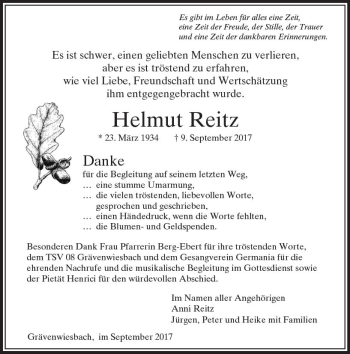 Traueranzeige von Helmut Reitz von  Usinger Anzeiger