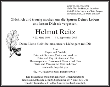 Traueranzeige von Helmut Reitz von  Usinger Anzeiger