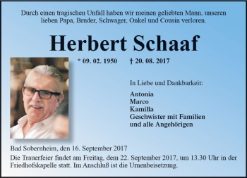 Traueranzeige von Herbert Schaaf von Trauerportal Rhein Main Presse