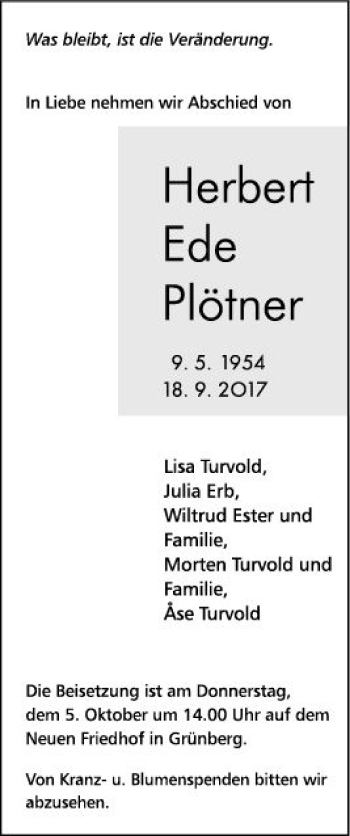 Traueranzeige von Herbert Ede Plötner von  Gießener Anzeiger