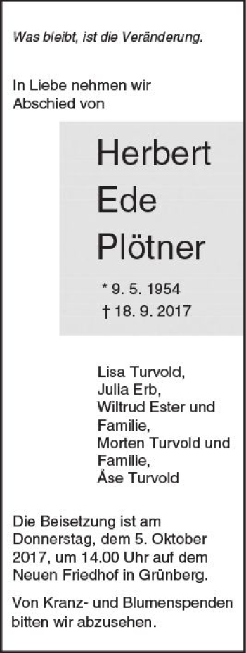 Traueranzeige von Herbert Ede Plötner von  Gießener Anzeiger