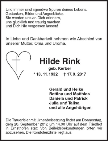 Traueranzeige von Hilde Rink von Trauerportal Echo Online