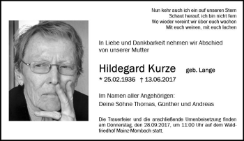 Traueranzeige von Hildegard Kurze von Trauerportal Rhein Main Presse