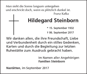 Traueranzeige von Hildegard Steinborn von Trauerportal Rhein Main Presse