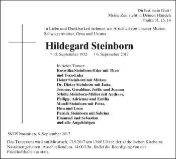 Traueranzeige von Hildegard Steinborn von Trauerportal Rhein Main Presse